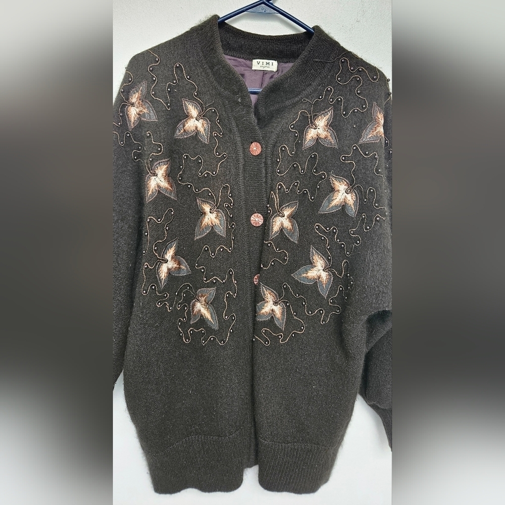 Vintage VIMI 100% Angora Wool Embroidered Dark Chocolate Sz L Lined Cardigan - Picture 10 of 15